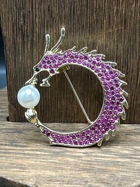 Modern Pink Circle Dragon Pin Brooch Gold tone 1 3/4” Long